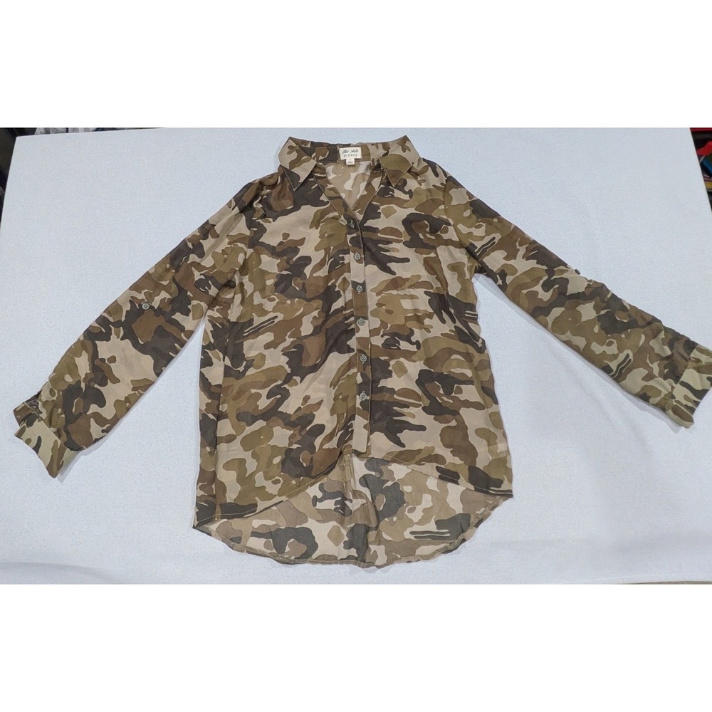 Zenana Camo Button Down Shirt Womens Large Brown Excellent Roll Tab High Low
